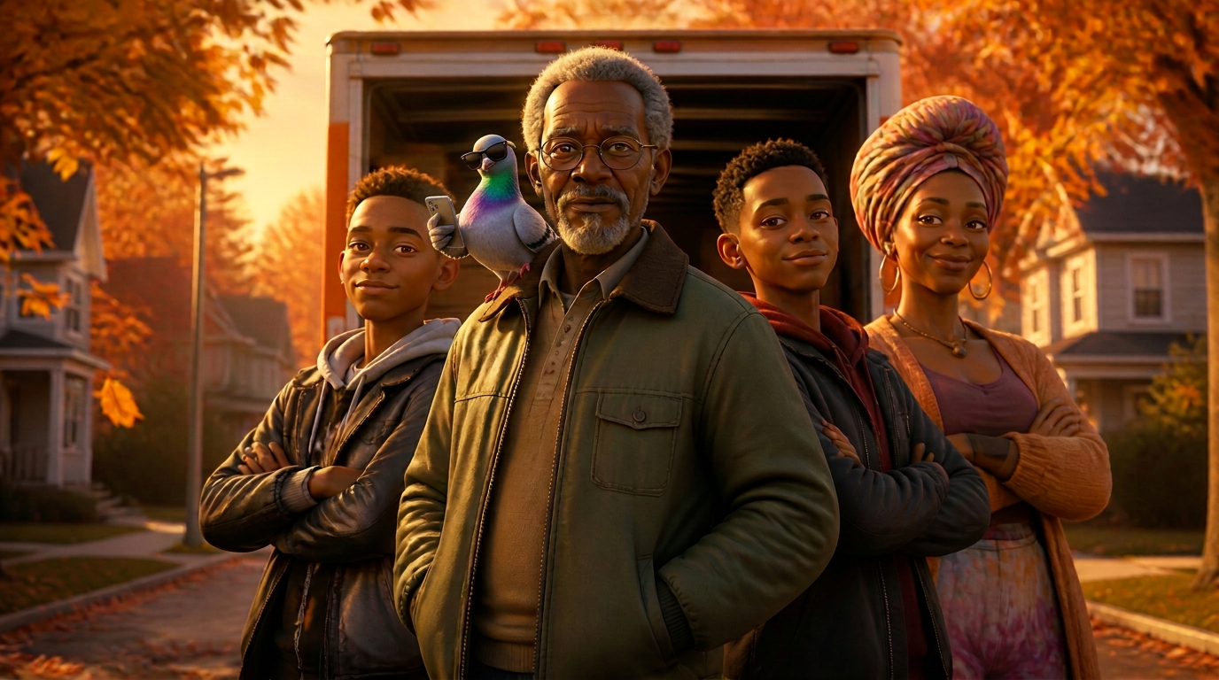 Grandpa Earl and his family in front of the moving truck at golden hour, with the Grief Pigeon in cool sunglasses perched on his shoulder holding a smartphone